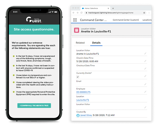 questionnaire on a phone on the left and same fields on the right on salesforce